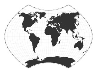 Vector world map. Ginzburg IX projection. Plan world geographical map with latitude/longitude lines. Centered to 0deg longitude. Vector illustration.