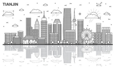 Outline Tianjin China City Skyline with Modern Buildings and Reflections Isolated on White.