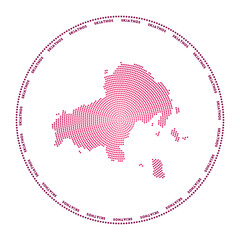 Skiathos round logo. Digital style shape of Skiathos in a dotted circle with the island name. Tech icon of the island with gradient dots. Appealing vector illustration.
