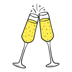 Vector icon of two glasses of champagne hand drawn in doodle style. Symbol of holiday and congratulations.