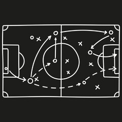 Football field with tactics scheme and game strategy arrows. Vector background with soccer pitch. Hand drawn playbook.