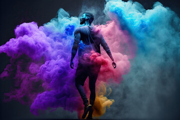 fictional man with a beard dancing in colorful abstract smoke from a smoke grenade (generative ai)