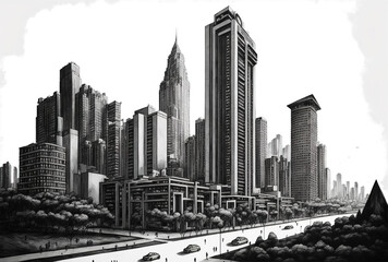 a large metropolis with contemporary buildings that is hand drawn. Generative AI