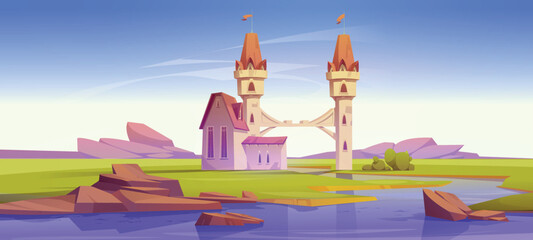 Fantasy medieval castle with bridge over river between towers. Summer countryside landscape with water stream, stones, green grass and mansion with turrets, vector cartoon illustration