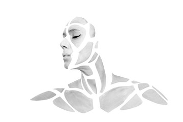Portrait of a young woman with bold gray glowing makeup posing in the studio. Shape of gray polygons on female face. Geometrical pattern isolated on white background.