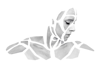 Portrait of a young woman with bold gray glowing makeup posing in the studio. Shape of gray polygons on female face. Geometrical pattern isolated on white background.