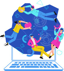 Metaverse and virtual reality technology, VR high-tech app for business. VR simulation application with people developing collaborative project.