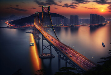Busan, Korea's Gwangan Bridge and Haeundae. Generative AI - obrazy, fototapety, plakaty