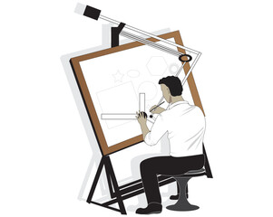 cartoon illustration vector design of a man who is an architect by profession sitting while drawing a design on a drawing table machine