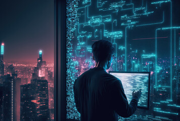 A fintech programmer using big data technology to create futuristic technologies at night while an AI engineer using cloud computing and software developer verifying information databases. Generative - obrazy, fototapety, plakaty