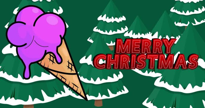 Ice Cream with Merry Christmas text. Colorful animated dancing summer sweet food cartoon. 4k resolution animation, moving image.
