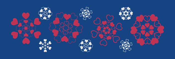 Vector snowflake heart in color magenta and white on a dark blue background