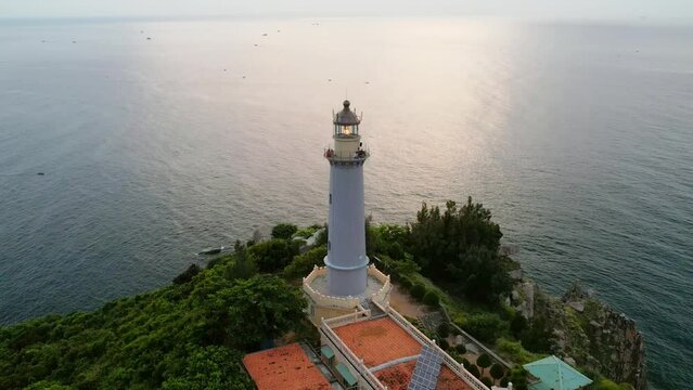 Aerial view dawn landscape at Dai Lanh lighthouse in Phu Yen, Vietnam. This is also the first place to receive the sun on the mainland of Vietnam