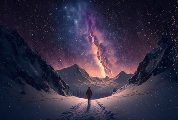 Fototapeten A fantastical image of a tourist roaming in the snow while under a stunning starry sky. Generative AI © 2rogan