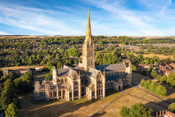 Salisbury cathedral from above at sunrise