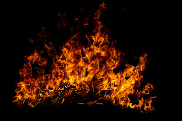 Fototapeta na wymiar Fire flames isolated on black background. Fire burn flame isolated, flaming burning art design concept with space for text.