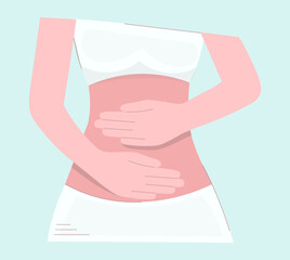 Background of a woman with abdominal pain. Painful periods, appendicitis, premenstrual syndrome, menstrual cramps, diarrhea or constipation. The girl holds her hands on her stomach. healthcare concept