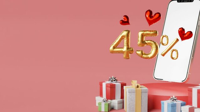 Valentine's Day concept. 45% discount sign in the form of golden balloons on smartphone with copy space for text. discount concept. offer concept.