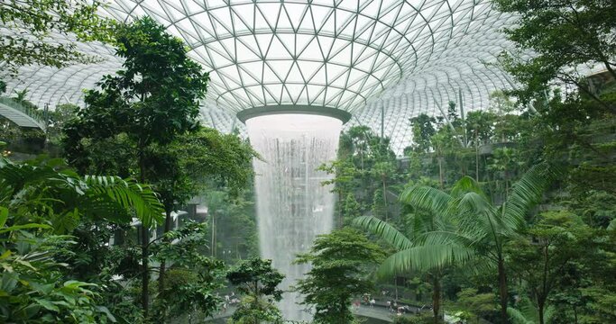 Lush indoor Singapore airport rainforest surround dome waterfall; parallax