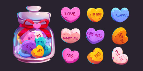 Glass jar with colorful hearts set isolated on black background. Cartoon vector illustration of nice transparent container decorated with red ribbon, full of love conversation candies. Valentines Day