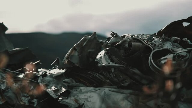 T-33 wreckage. Plane wreck in Kangerlussuaq. Closeup. Panning right. Focus shift.