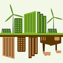 icon, sticker, button on the theme of saving and renewable energy with city with non-renewable energy and city with wind turbines, solar panels. Green and brown