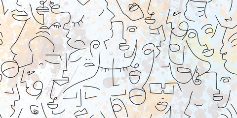 One line drawing. Abstract face seamless pattern.