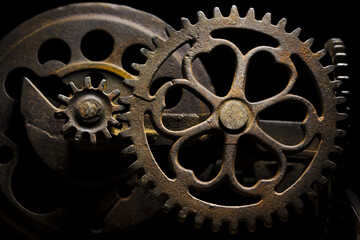 Metal gear sprockets in machine, old and rusted closeup still life with beautiful textures, shape and detail. Fine art