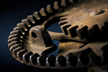 Metal gear sprockets with fine detail in machine, old and rusted closeup still life with beautiful textures and shape. Fine art. - 553917857