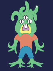 A cartoon illustration of a 3-eyed green-skinned alien with a surprised expression