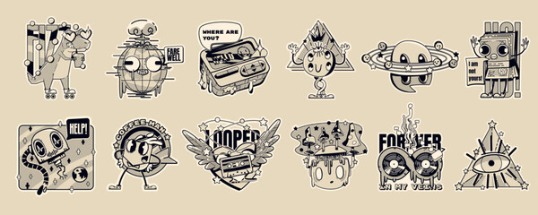 Monochrome psychedelic stickers. Abstract comic icons with emoji faces, mushrooms, dinosaur, coffee, vintage cassette, eye and pager, in y2k style, vector cartoon set