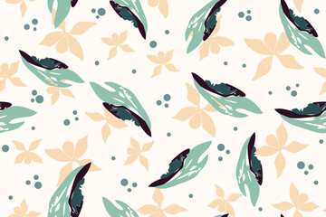 Fototapeta premium Seamless pattern print with sprigs flowers and leaves. Seamless borders, ribbons. Butterflies. Design for textile or duct tape, adhesive tape, wallpaper.
