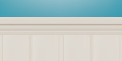 White beadboard or wainscot with top chair guard trim seamless pattern on blue wall. Light wood or gypsum embossed baseboard or skirting under vintage wall panels. Vector illustration