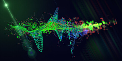 Abstract  background contain polygonaly graph with  lines on defocus. Technology 3d wireframe polygonaly concept in virtual space.  Banner for business, science and technology data. Big Data.