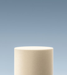 White marble stone cylinder podium shelf display product platform on 3d blue background of empty...