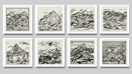 Graphic landscape with mountains and hills and clouds. Hand drawn emblem or background. Linocut style illustration.