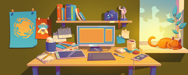Digital artist home workplace with computer and graphic tablet on desk, books and camera on shelf. Graphic designer room interior with table, monitor, notes, vector illustration in contemporary style