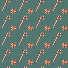 Seamless pattern of Christmas candies green background