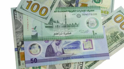 Fototapeta na wymiar New polymer bank notes of UAE with new US dollar bills
