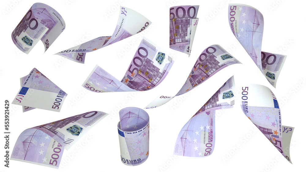 Poster set of 500 euro notes flying in different angles and orientations isolated on transparent background