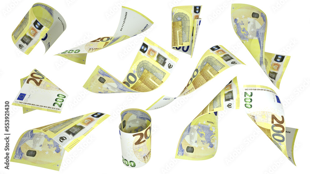 Poster 3d rendering of 200 euro notes flying in different angles and orientations isolated on transparent b