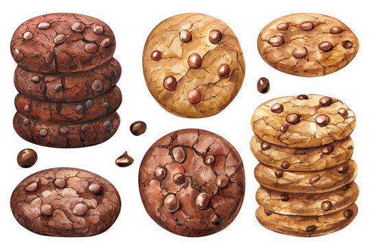 Chocolate chip cookie. biscuit on a white background, sweet watercolor set of elements, hand drawing painting