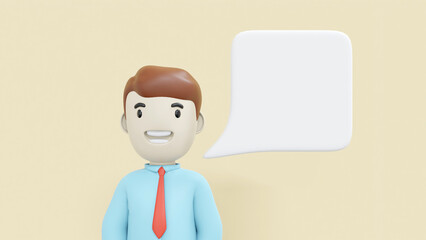 3D illustration of portrait cartoon character man, dressing blue shirt and red tie with white text box message.