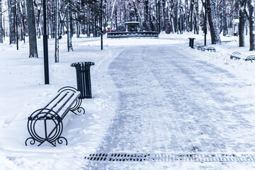 Winter park with trees, cameoes and pavement covered with snow after a snowfall.