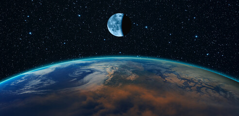 View of Earth from outer space with millions of stars around it.