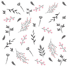 Vector drawing of leaves, flowers, patterned wallpaper on a white background