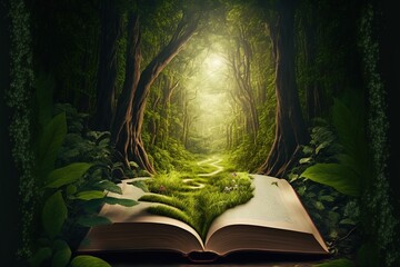 Open book revealing the jungle. Eco concept. Generative AI - obrazy, fototapety, plakaty