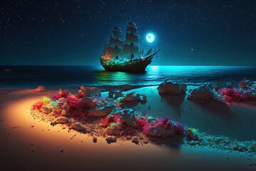 ship in the open sea under the night sky. glowing blue sandy beach. Generative AI