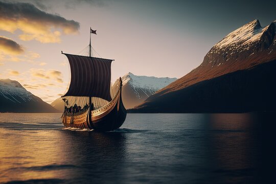 Viking ship entering a fjord landscape. Generative AI