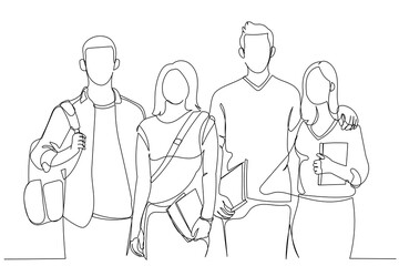 Illustration of cheerful college students walking out of campus together, and posing at camera. Single continuous line art style